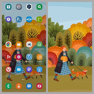 Bildschirmfoto & Bildschirmhintergrund eines Smartphone mit herbstlichen Bild auf dem eine Frau mit Kürbis im Arm und einen Fuchs an der Leine vor bunten Bäumen zu sehen sind.
